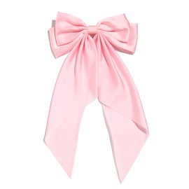 Women Big Bow Barrettes Girl's Satin Hairclips Long Ribbon Hair Pins For Party (Pink)