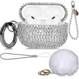 5in1 Bling Case for AirPod Pro 2 Cover Accessories Set Diamonds, Luxurious Rhinestone PC AirPods Pro 2 Case for Women Girl w/Crystal Bracelet/Cute Fur Ball Pompom Keychain/Lobster Clasp Keychain