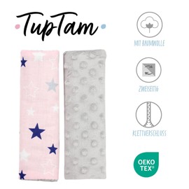 TupTam Children's Car Seat Belt Protector, Pack of 2, Colour: Stars, Light Grey, White/Pink