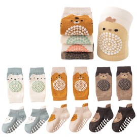 Feidoog Baby Crawling Anti-Slip Elastic 3 Pairs Knee Pads and 3 Pairs Socks Set,Toddler Knee Protector for Baby Kids Kneepads,Yellow+Blue+Brown,M 1-3 Years
