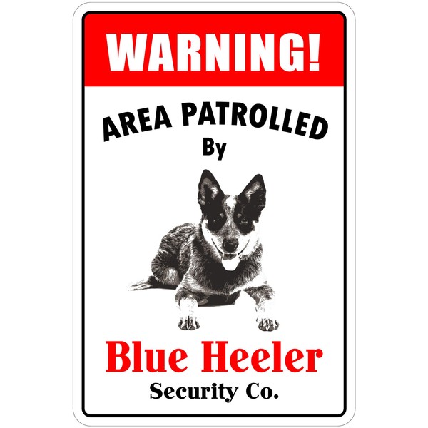 StickerPirate Warning Area Patrolled by Blue Heeler 8"X12" Novelty Dog Sign