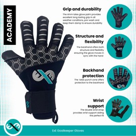 Goalkeeper Gloves for Adults Youths Boys and Girls Latex with Grip Professional Premium Quality for games and training Double wrist strap for support Negative cut for comfort and feel (Academy, 6)