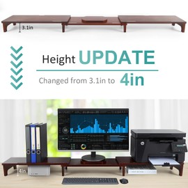 Nnewvante Monitor Stand Riser, Upgrade Height Large TV Riser, 60 inch Large Bamboo Dual Monitor Stand for Desk, 3 Shelves Desktop Screen Riser with Adjustable Length Angle for Computer Laptop Walnut