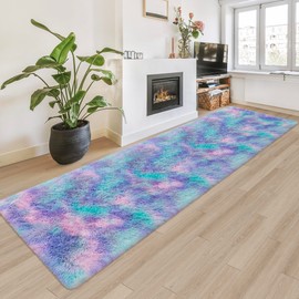 JiaoBaba Super Soft Fluffy Living Room Area Rug 2x8 ft Purple Rainbow Tie-Dyed Shaggy Furry Carpet Washable Non-Slip Carpets Bedroom Bedside Nursery Rug Cute Colorful Room Decor for Girls