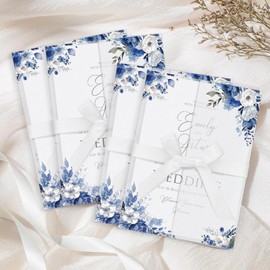 MotiMind 100 Pcs Dusty Blue Flowers Pre Folded Vellum Jackets for 5x7 Invitations 130gsm Transparent Envelope Liners Bulk Vellum Paper 5x7 with Ribbons Wedding Invitations Wraps for Wedding Cards