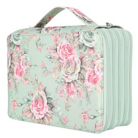 250 Slots Colored Pencil Case with Zipper Closure Large Capacity Pencil Holder PU Rose Printed Pen Organizer Storage Bag for Artist, Watercolor Pens, Markers (Roses on Green