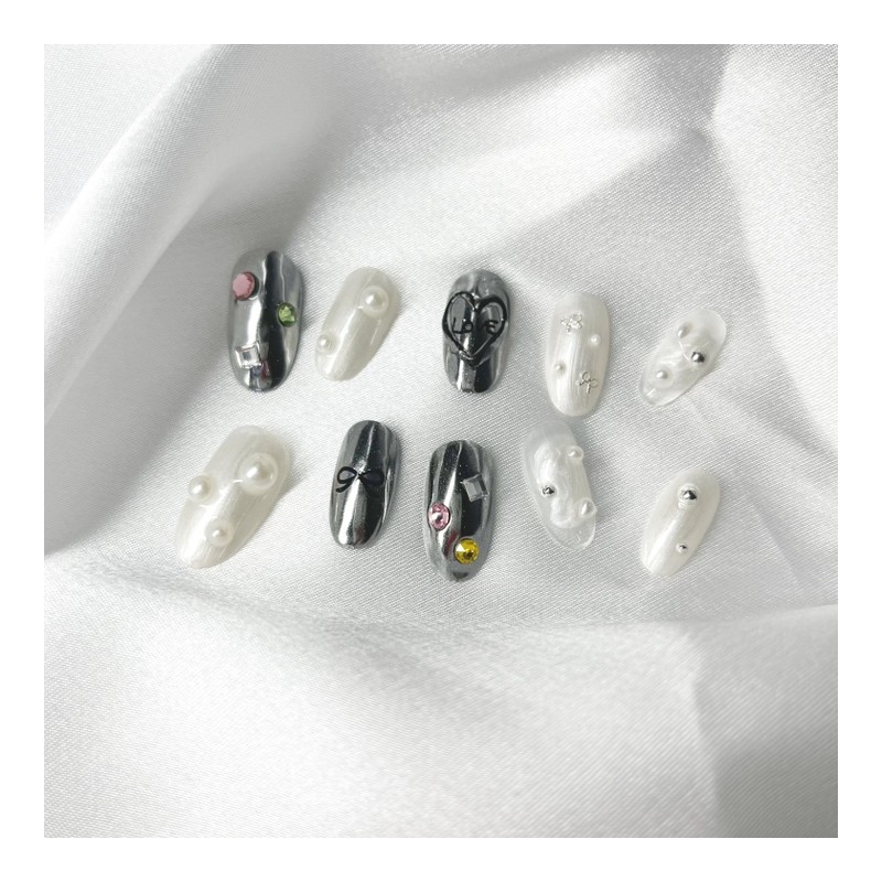 Blanc Noir |Silver White Gel Nail - Round / 블랑