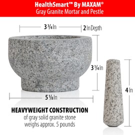 Maxam Grey Mortar and Pestle Set - 5 Inch - 1 Cup Capacity - Heavy Granite for Grinding Spices, Herbs and Avocado Masher for Guacamole and Pesto