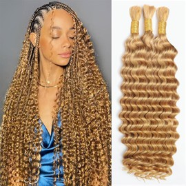 Human Braiding Hair for Boho Braids 110g 20 Inch Deep Wave Boho Bulk Human Hair for Braiding Knotless 12A Wet and Wavy Bohemian 3 No Weft Bundles/Pack Curly Braids Honey Blonde