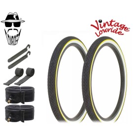 Vintage Lowrider 2 Vtg LOWRIDER 20 X 1.75 WHITEWALL YL LINE BICYCLE TIRES BRICK TREAD 8PC SET.