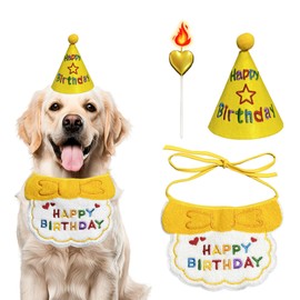 DDuoSnooth Birthday Dog Hat and Bib Set, Multiple Color Offered Animal Bandanas for Small Medium Large Dogs, Cat Puppy Bids Party Supplies, Stylish Plaid Pets Birthday Gift (Yellow)