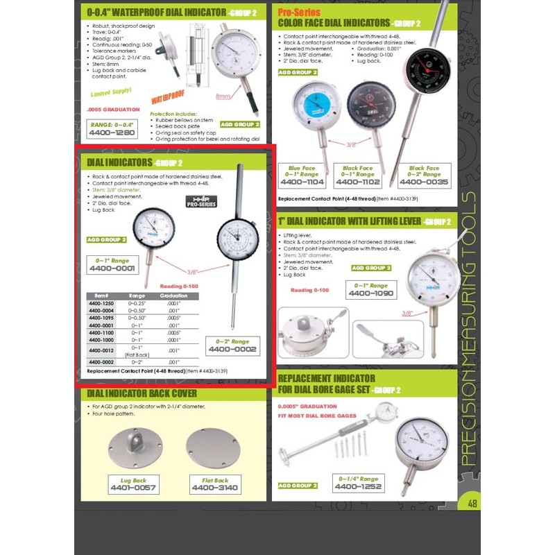 HHIP 4400-1100 Pro Series AGD Group 2" Dial Indicator, 0005"