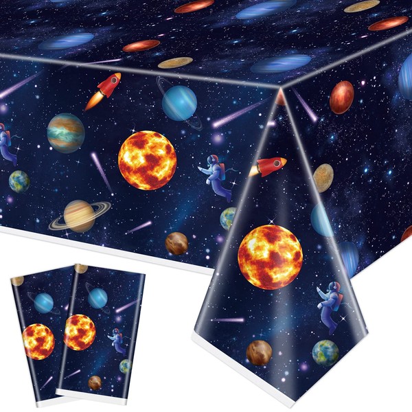 2 Pack Outer Space Party Tablecloths, Solar System Table Covers, 51x87'' Plastic Disposable Rectangle Planet Table Cover for Kids Space Theme Birthday Party Decorations, Galaxy Theme Party Supplies