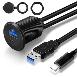 GOBGOD Type C 3.1 & USB 3.0 Car USB Port Mount Flush Cable Male to Female, Dashboard Panel Extension Cable for Car Boat Motorcycle with LED Indicator (1 feet)