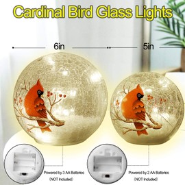 Crackle Glass Ball Lights Cardinal Bird Pattern Table Lamps Battery Powered 2 Pack (6in & 5 in)LED Night Light for Home Nursery Breastfeeding Bedroom Party Birthday Wedding Christmas Decoration