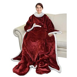 Catalonia Sherpa Wearable Blanket with Sleeves & Foot Pockets for Adult Women Men, Comfy Snuggle Wrap Sleeved Throw Blanket Robe, Gift Idea, Wine