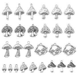 Ornazy 90 pcs 9 Style Mushroom Charm Pendant Antique Silver Plants Forest Jewellery Finding Charm for Bracelet Necklace Earrings Keychain Craft