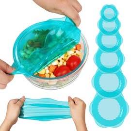 Silicone Stretch Lids for Food Storage in Fridge, Reusable Elastic Bowl Covers for Cup, Cans, Jars, Round & Rectangle Container, Food Grade Silicone Microwave Food Cover, Heat-Resistant, Blue, 6PCS