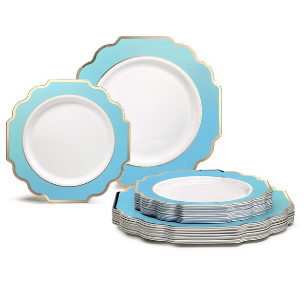 " OCCASIONS " 50 Plates Pack (25 Guests)-Heavyweight Wedding Party Disposable Plastic Plate Set -(25x10.5'' Dinner + 25x8'' Salad/dessert (Imperial Aqua/Gold)