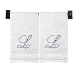 Custom Luxury Towels Toallas de mano con monograma Elige entre 100% algodón turco o fabricado en Estados Unidos Calidad de spa de lujo Juego de 2 Bordado hilo plateado script monograma
