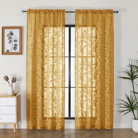 OVZME Gold Sheer Curtains 84 inches Long 2 Panels for Living Room, Jacquard Clip Leaf Pattern Textured Light Filtering Window Semi Sheer Voile Drapes for Bedroom, Each Panel 42 x 84 Inch