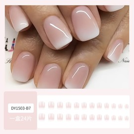 24Pcs Short Press on Nails Square Fake Nails Ombre Acrylic Nails Press on Full Cover Glossy Stick on Nails Nude Pink False Nails with Glue White French Tip Glue on Nails for Women Nail Art Decoration