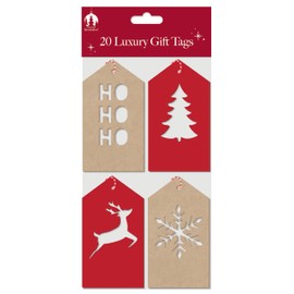 Tallon Pack of 20 Christmas Die-Cut Kraft Gift Tags – 4 Assorted Designs: Ho Ho Ho, Tree, Stag & Snowflake - Perfect for Presents and Gifts for Christmas