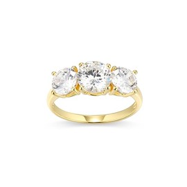MORGAN & PAIGE .925 Sterling Silver 18K Yellow Gold Plated Engagement Rings for Women - Promise Wedding Rings Prong-Set Stackable Three Stone Round Cut Cubic Zirconia, Wedding Bands for Women Size 7