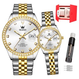 OLEVS His and Hers Couple Watches Analog Quartz Watch for Men and Women Waterproof Luminous Date Wrist Watch Romantic Gifts for Couples, 3629 Two Tone White Dial Pair, Modern