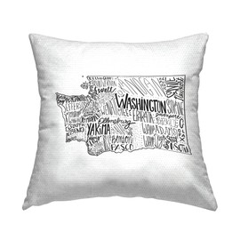 Stupell Industries Washington State Various Cities Typography Map Outdoor Printed Pillow, 18 x 18, Black