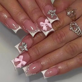 24Pcs Medium Press on Nails Square Fake Nails with Gem Rhinestones Design White French Tip Glue on Nails Pink Bow False Nails Reusable Silver Star Stick on Nails for Women Acrylic Manicure Salon