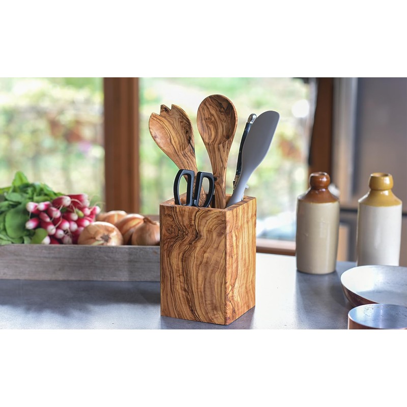 Cleminson® Handmade Olive Wood Utensil Holder | Rustic Stylish Pot