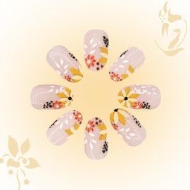 Fall Press on Nails Medium Oval Fake Nails with Designs Yellow Flower Stick on Nail French Acrylic False Nail Leaf Artificial Nail Press ons Glossy Full Cover Glue on Nails for Women
