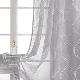 VISIONTEX Moroccan Embroidery Sheer Curtains Light Grey Damask Texture Geometric Rod Pocket Voile Tulle Semi Window Treatment Panels Pair, 2 Pieces 54 x 95 inch