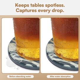 Absorbent Stone Coaster with Holder Set of 6 - Diatomite Drink Coasters for Table Protection - Modern Coffee Table and Bar Decor - Perfect Housewarming Gift