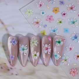 Nail Stickers,Colorful Nail Art Stickers for Nails Press on,3D Bloom Flowers Decals for Spring Nails, French Decals Supplies and Design Sticky tabs Tools for Women, 2 Sheets