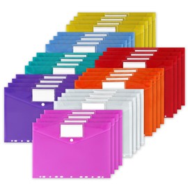 32Pcs A4 Clear Plastic Wallets File Folders with Label Pocket 11 Hole Ring Binder and Button, Punched Envelope Document Popper Wallets Widen for School, Home, Office, Travel Supply, 8 Assorted Colours
