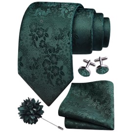 GUSLESON Dark Green Tie for Wedding Mens Silk Hunter Green Floral Necktie Pocket Square Cufflinks and Lapel Pin Brooch Set (6107-34)