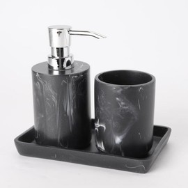 idestc® Bathroom Accessory Set with Lotion Soap Dispenser, Toothbrush Holder and Vanity Tray, 3-Piece Like Marble Soap and Lotion Dispenser Sets (Marble Black)