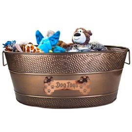 Indestructible Metal Toy Bin - Galvanized Metal Bin with Handles for Accessory Storage - Pet Toy Basket, Blanket Basket - Pawprint Design Dog Toy Box, Home Farmhouse Decor (Copper - 25 Quart)
