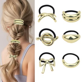Hair Ties for Women 6PCS Gold Hair Cuffs Metal Hair Ties for Thick Hair and Thin Hair Geometric Design Hair Ties Elastics No Damage Ponytails Hair Ties Fashion Cute Hair Accessories for Women Girls