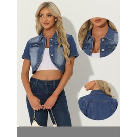 Allegra K Casual Denim Jacket for Women's Turndown Collar Short Sleeves Crop Jean Jackets Small Mid-Blue