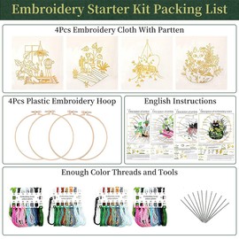 OmeHoin 4pcs Embroidery Kit for Beginners, Cat Pattern Embroidery Starter Kits for Adults, Include Embroidery Clothes with Pattern Embroidery Hoops and Instructions, Cross Stitch Set for Adults