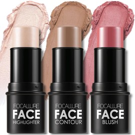 FOCALLURE Kit de 3 Barritas Contorno - Iluminador, Bronceador y Rubor Cremosos, Fórmula No Grasa y Duradera, Ideal para Perfilar y Difuminar con un Acabado Impecable,LIGHT-MEDIUM