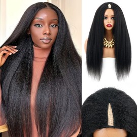 Cheetahbeauty Kinkystraight V Part Wig Human Hair with Elastic Drawstring 28 Inch No Leave Out Lace Front Wigs Upgrade Glueless U Part Wigs 180% Density Yaki Straight Half Wigs for Women Natural Color