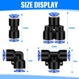 Hotop Push to Connect Fittings Air Line Pneumatic Fittings Kit Quick Release Pneumatic Connectors Air Line Splitters Elbows Tee Straight Tubes(60 Pcs,Blue,1/4 Inch Od)