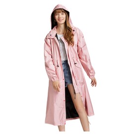 Freesmily Women's Stylish Long Raincoat with Hood and Multi Color Pattern (Thick - Pink, L)