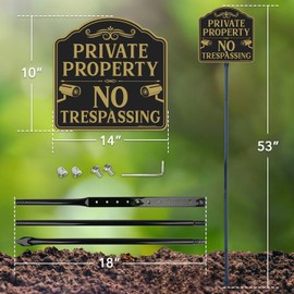 Faittoo Large No Trespassing Sign Private Property with 52" Metal Thick Stake, 2 Pack 12"x12" Rust Free Heavy Aluminum, Reflective, Fade Resistant, Easy to Mount, Outdoor use