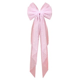 aoozleny Bridal Hair Bow Veil Hair Clip,Veil Hairpins with Pearl Mesh Bow Hair Clips (Pink)