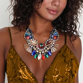 Flyonce Chunky Statement Collar Necklace, Multicolor Rhinestone Crystal Bohemein Bib Ethnic Vintage Costume Necklace for Women